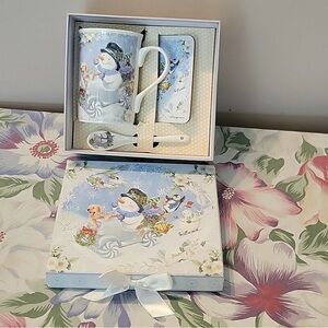 Snowman 3 pc set Mug coaster  spoon Christmas Winter Holiday